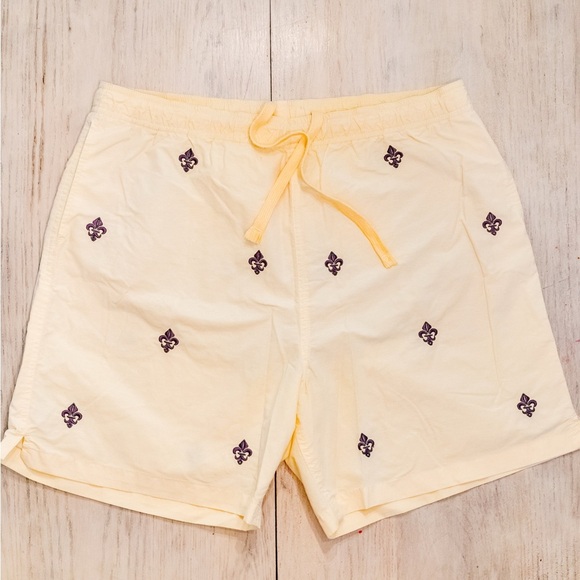 Castaway Soft Yellow Shorts with Purple Fleur De Lis details - Picture 1 of 4